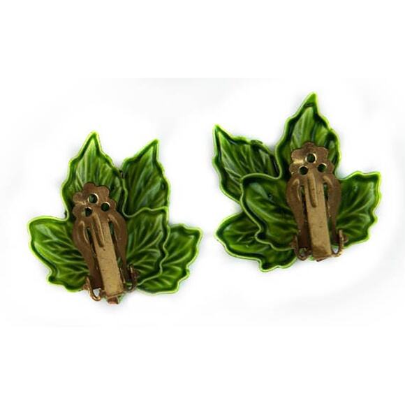 1960s Green & Brown Enamel on Metal Leaf Autumn Fall Figural Clip Earrings - Picture 2 of 3